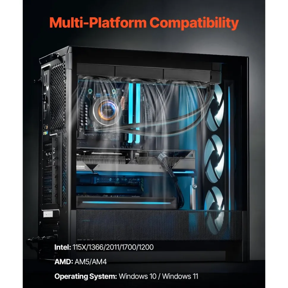 VEVOR CPU Liquid Cooler, AIO CPU Water Cooler - 3 x 120mm PWN Fans & Pump, Customizable Black PC Liquid Cooler with 2.1'' LCD Display & ARGB light, for Intel 115X/1366/2011/1700/1200, AMD AM4/AM5