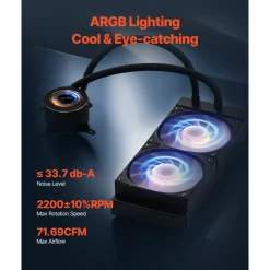 VEVOR CPU Liquid Cooler, AIO CPU Water Cooler - 120mm PWN Fans & Pump, Customizable Black PC Liquid Cooler with 2.1'' LCD Display & ARGB light, for Intel 115X/1366/2011/1700/1200, AMD AM4/AM5