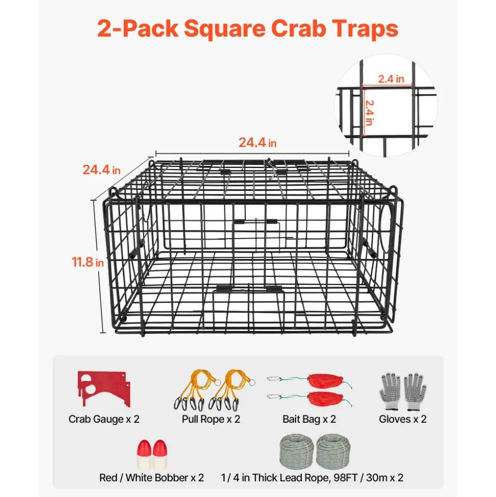 VEVOR Crab Trap, 2 Packs, 24.4x24.4x11.8 inch Heavy Duty Large Crab Pot Trap for Dungeness, Black PVC Coated Wire Mesh for Stealth, with Gauge, Red/White Float, 100ft Leaded Core Rope, and Gloves