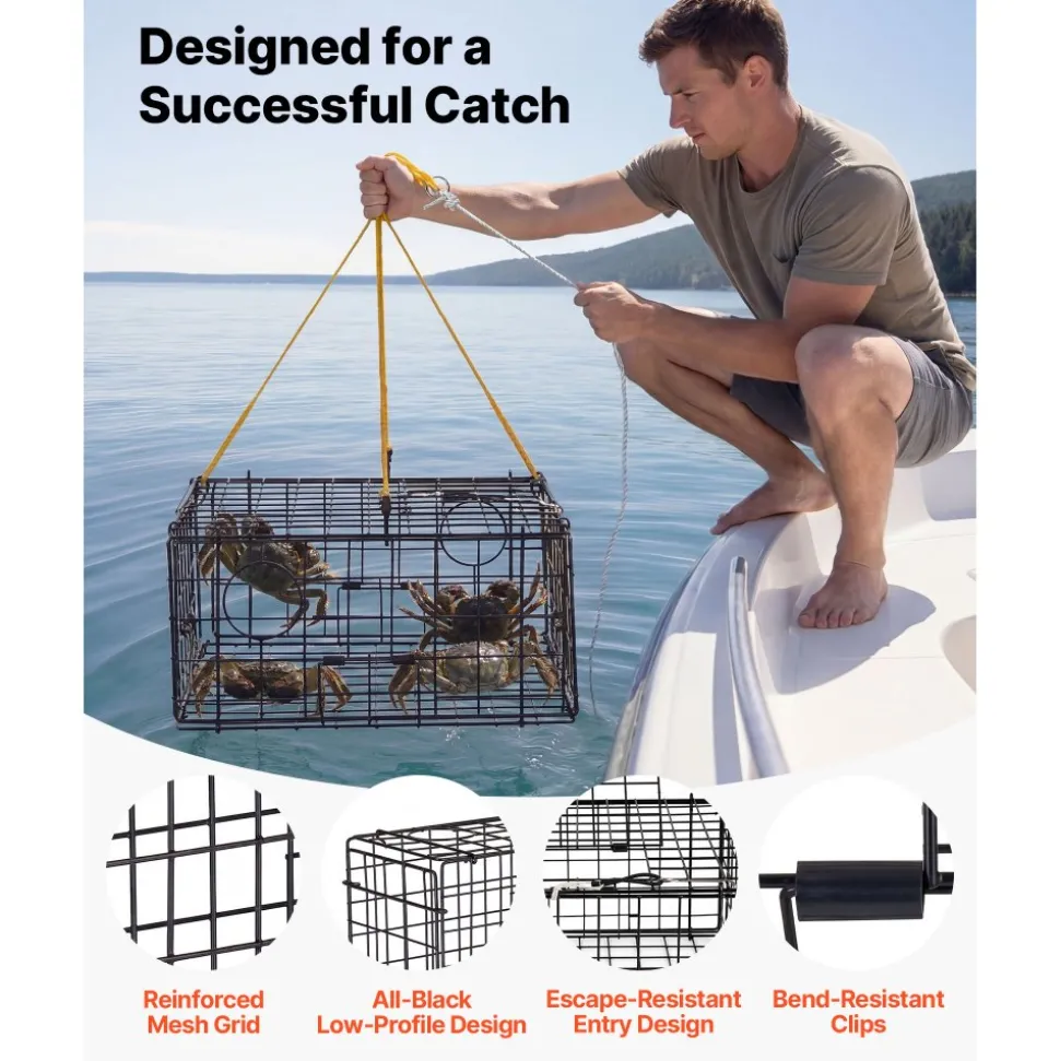 VEVOR Crab Trap, 2 Packs, 24.4x24.4x11.8 inch Heavy Duty Large Crab Pot Trap for Dungeness, Black PVC Coated Wire Mesh for Stealth, with Gauge, Red/White Float, 100ft Leaded Core Rope, and Gloves
