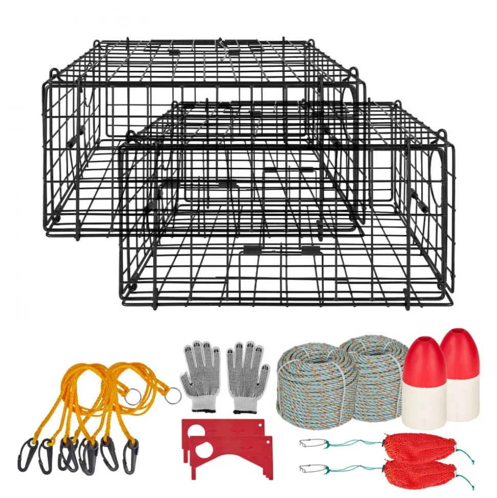 VEVOR Crab Trap, 2 Packs, 24.4x24.4x11.8 inch Heavy Duty Large Crab Pot Trap for Dungeness, Black PVC Coated Wire Mesh for Stealth, with Gauge, Red/White Float, 100ft Leaded Core Rope, and Gloves
