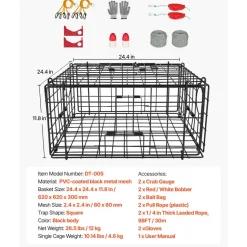 VEVOR Crab Trap, 2 Packs, 24.4x24.4x11.8 inch Heavy Duty Large Crab Pot Trap for Dungeness, Black PVC Coated Wire Mesh for Stealth, with Gauge, Red/White Float, 100ft Leaded Core Rope, and Gloves