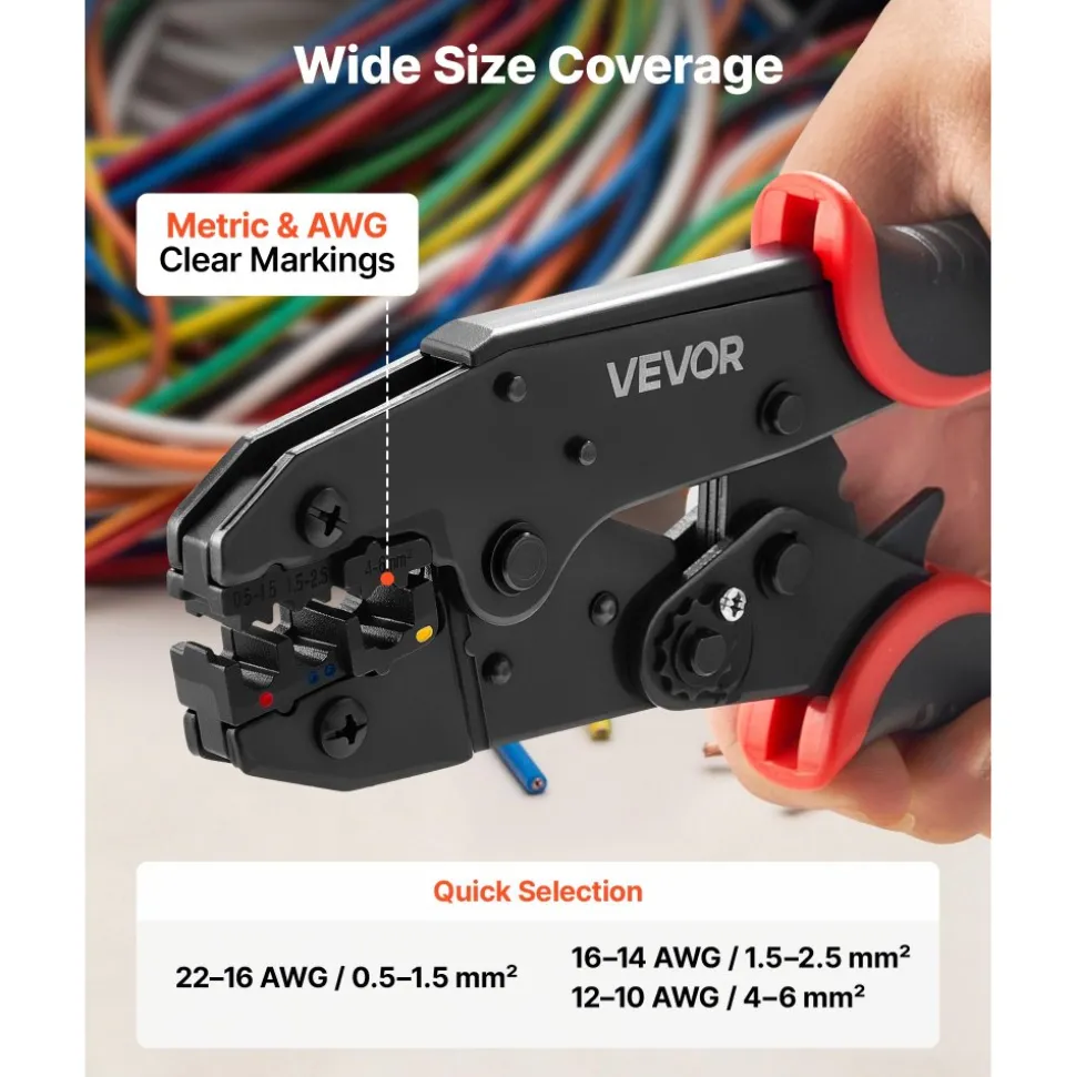 VEVOR Crimping Tool, 22-10 AWG Ratcheting Wire Crimper Tool, Labor-Saving Electrical Terminal Crimp Pliers with Clear Metric & AWG Markings, Quick Release, Adjustable Force for Multiple Terminals