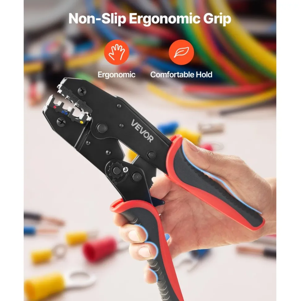VEVOR Crimping Tool, 22-10 AWG Ratcheting Wire Crimper Tool, Labor-Saving Electrical Terminal Crimp Pliers with Clear Metric & AWG Markings, Quick Release, Adjustable Force for Multiple Terminals