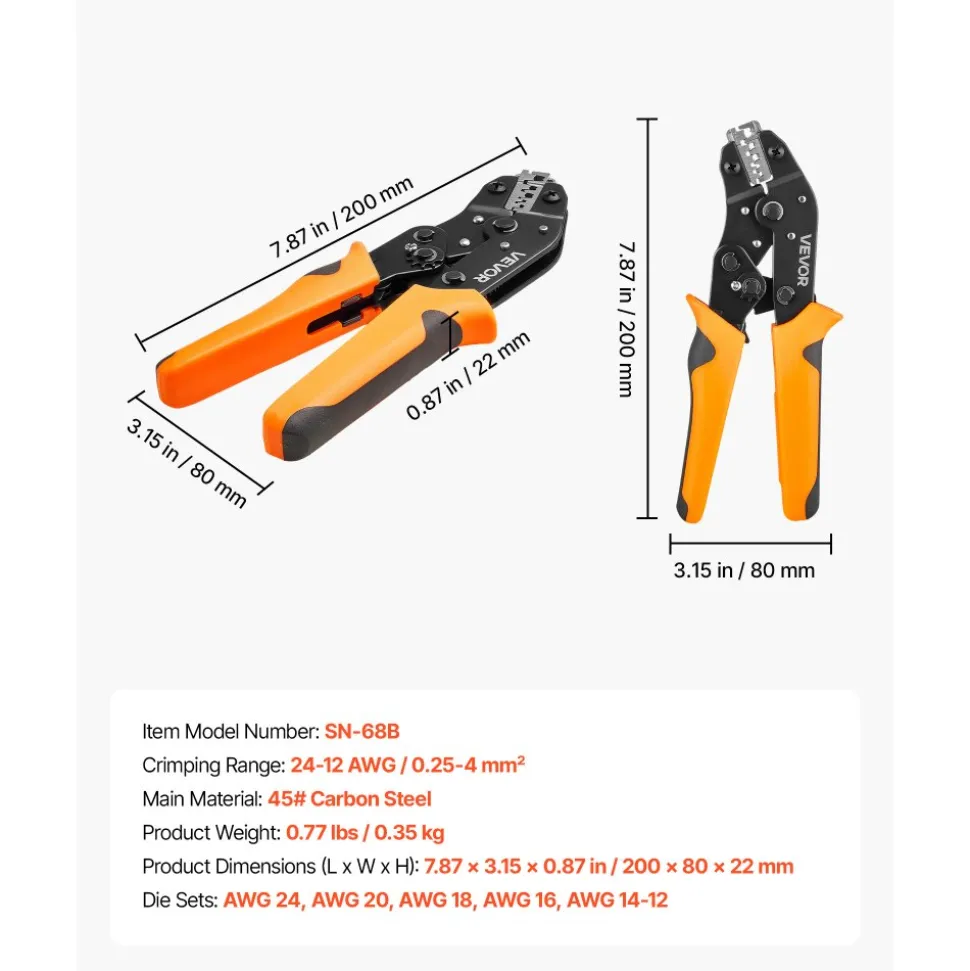 VEVOR Crimping Tool, 24-10 AWG Ratcheting Wire Crimper Tool, Labor-Saving Electrical Terminal Crimp Pliers with Clear Metric & AWG Markings, Quick Release, Adjustable Pressure for Multiple Terminals
