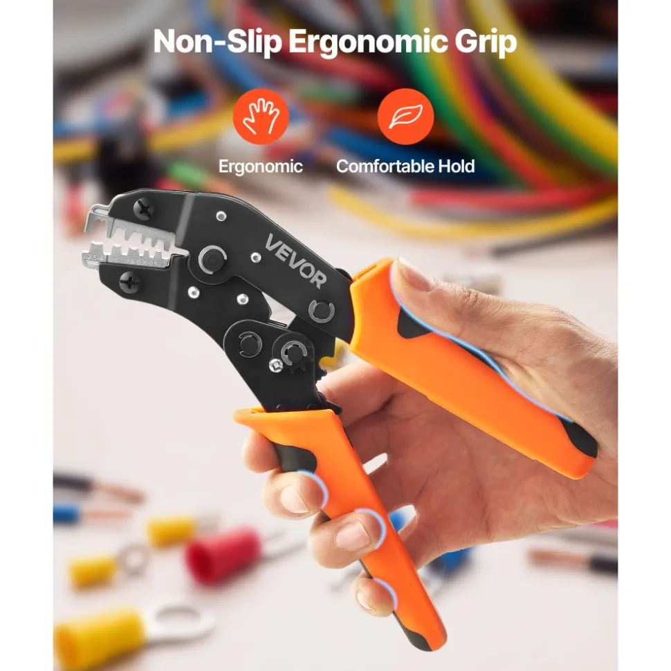 VEVOR Crimping Tool, 24-10 AWG Ratcheting Wire Crimper Tool, Labor-Saving Electrical Terminal Crimp Pliers with Clear Metric & AWG Markings, Quick Release, Adjustable Pressure for Multiple Terminals