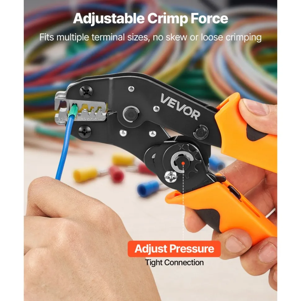 VEVOR Crimping Tool, 24-10 AWG Ratcheting Wire Crimper Tool, Labor-Saving Electrical Terminal Crimp Pliers with Clear Metric & AWG Markings, Quick Release, Adjustable Pressure for Multiple Terminals