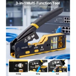 VEVOR Crimping Tool, RJ45/RJ11/RJ12 Ethernet Crimper, Crimp Tool Kit for 4/6/8-Pin Modular Plugs, with Mini Wire Stripper, 50 Connectors and 50 Boots, Replacement Blades, and Network Cable Tester