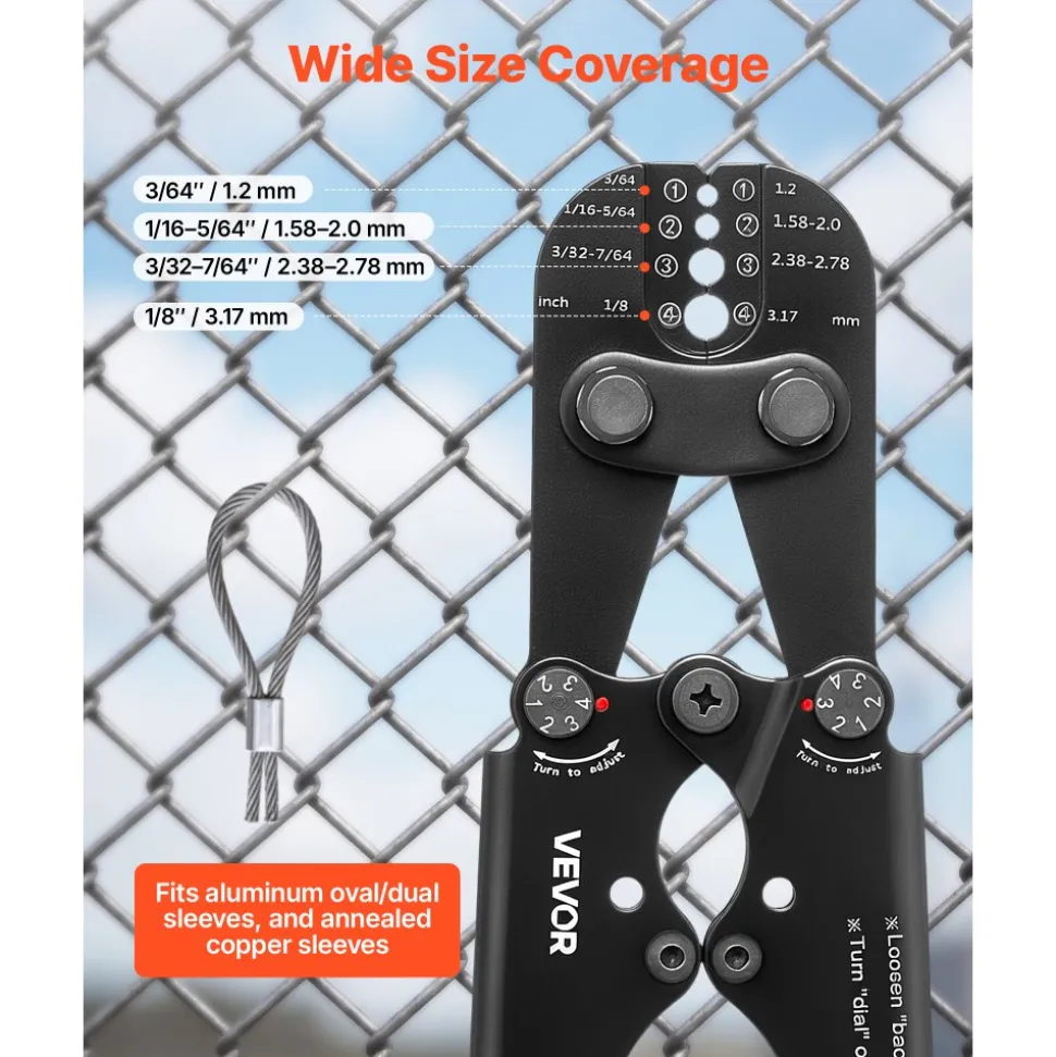 VEVOR Crimping Tool, 3/64" - 1/8" Steel Wire Rope Crimper, with Clear Metric and Imperial Markings, Adjustable Force, Crimp Pliers for Aluminum Oval and Dual Sleeves, and Annealed Copper Sleeves