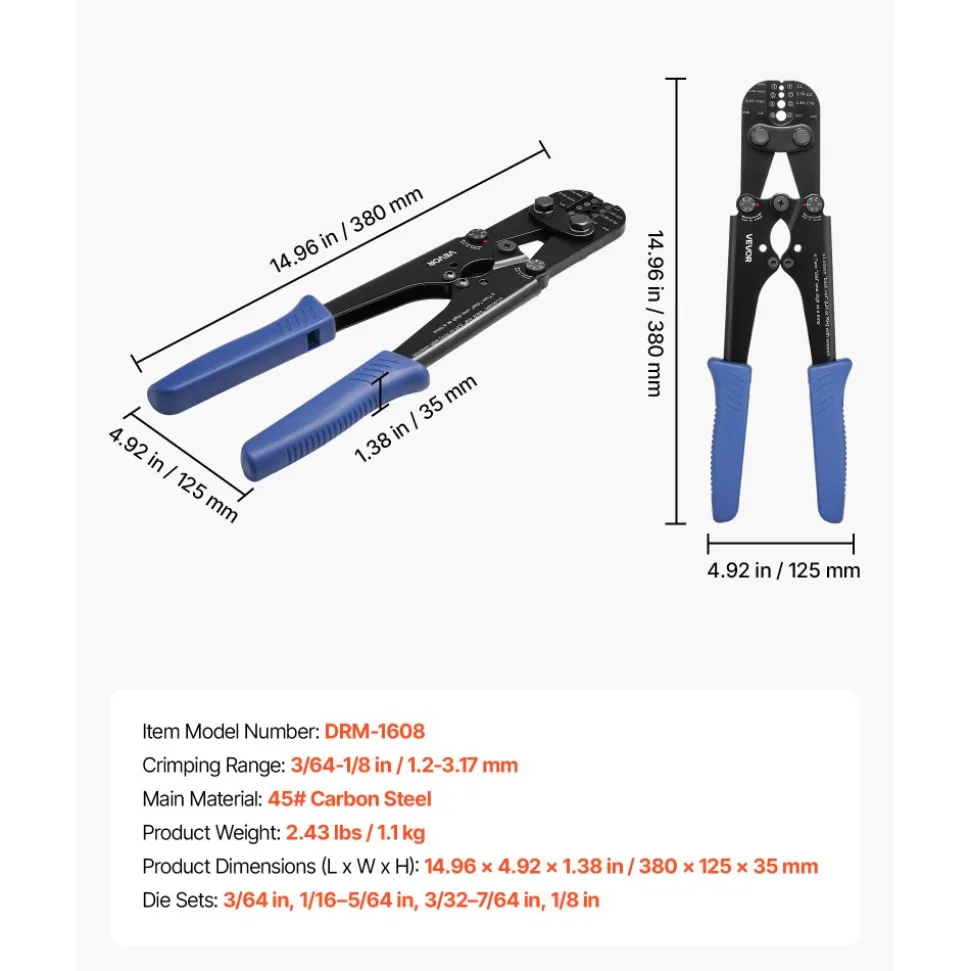 VEVOR Crimping Tool, 3/64" - 1/8" Steel Wire Rope Crimper, with Clear Metric and Imperial Markings, Adjustable Force, Crimp Pliers for Aluminum Oval and Dual Sleeves, and Annealed Copper Sleeves