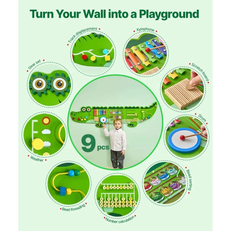 VEVOR Crocodile Activity Wall Busy Board, 9 Activities, Montessori Sensory Wall Panels Toy for Kids Ages 3-12, Interactive Learning Activity Center, Great for Toddler, Playroom, Nursery, Classroom