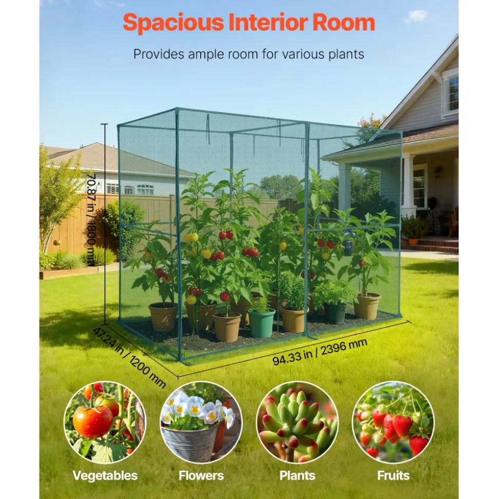 VEVOR Crop Cage, 7.8 x 3.9 x 5.9 ft Plant Protection Tent with Zippered Door, Wind-Resistant Tall Crop Cage, Easy to Install, Outdoor Raised Bed Cover, Tomato Plant Netting for Garden Patio Lawn