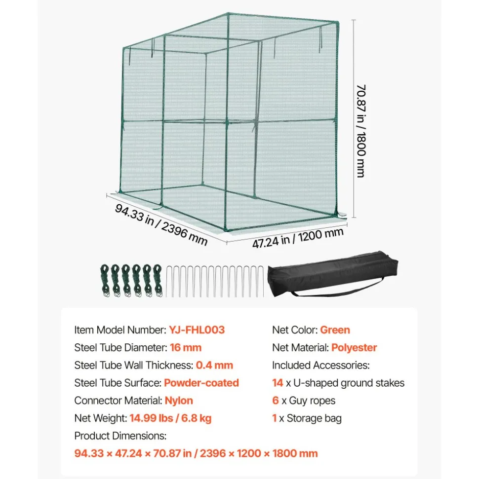 VEVOR Crop Cage, 7.8 x 3.9 x 5.9 ft Plant Protection Tent with Zippered Door, Wind-Resistant Tall Crop Cage, Easy to Install, Outdoor Raised Bed Cover, Tomato Plant Netting for Garden Patio Lawn