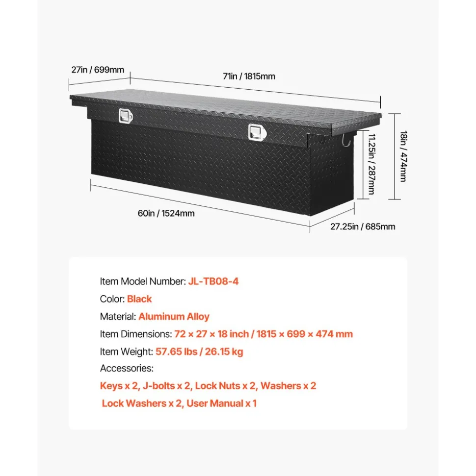 VEVOR Crossover Truck Tool Box, 71x27x18 In, Heavy Duty Aluminum Toolbox with Diamond Texture, Pick Up Truck Bed RV Trailer Toolbox, Waterproof Storage Organizer with Lock, Keys, Side Handles, Black