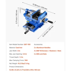 VEVOR Cross Slide Drill Press Vise, 4 Inch Jaw Width, 2 Way X-Y Axis Bench Vise, 3.5 Inch Max Jaw Opening, Heavy Duty Cast Iron, Workbench Vice Clamp, for Woodworking Drilling CNC Milling Machine