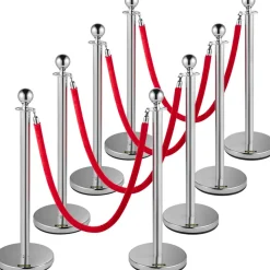 VEVOR Crowd Control Stanchion, Set of 8 Pieces Silver Stanchion Set, Stanchion Set with 5 ft/1.5 m Red Velvet Rope, Crowd Control Barrier with Sturdy Concrete and Metal Base