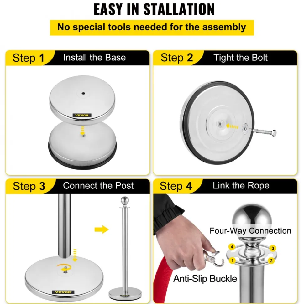 VEVOR Crowd Control Stanchion, Set of 8 Pieces Silver Stanchion Set, Stanchion Set with 5 ft/1.5 m Red Velvet Rope, Crowd Control Barrier with Sturdy Concrete and Metal Base