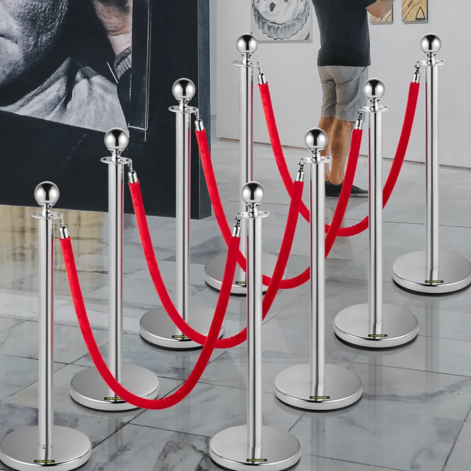 VEVOR Crowd Control Stanchion, Set of 8 Pieces Silver Stanchion Set, Stanchion Set with 5 ft/1.5 m Red Velvet Rope, Crowd Control Barrier with Sturdy Concrete and Metal Base