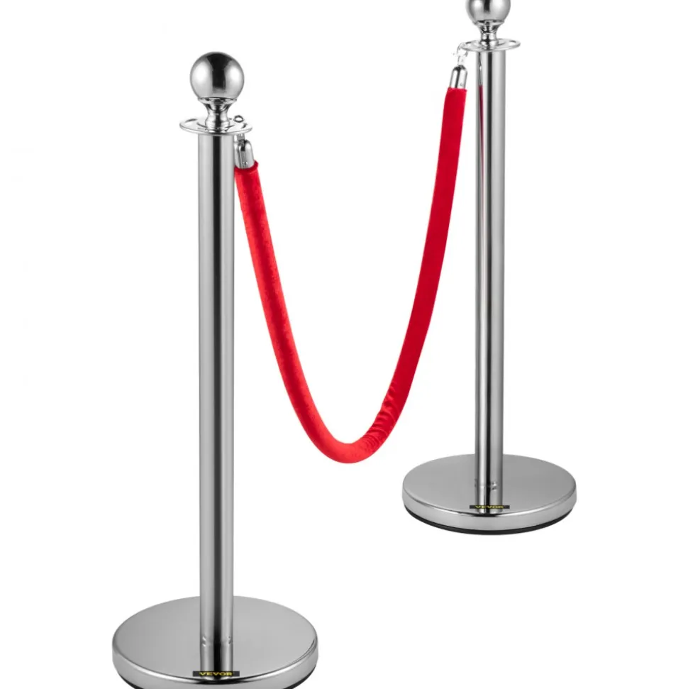 VEVOR Crowd Control Stanchion, Set of 8 Pieces Silver Stanchion Set, Stanchion Set with 5 ft/1.5 m Red Velvet Rope, Crowd Control Barrier with Sturdy Concrete and Metal Base