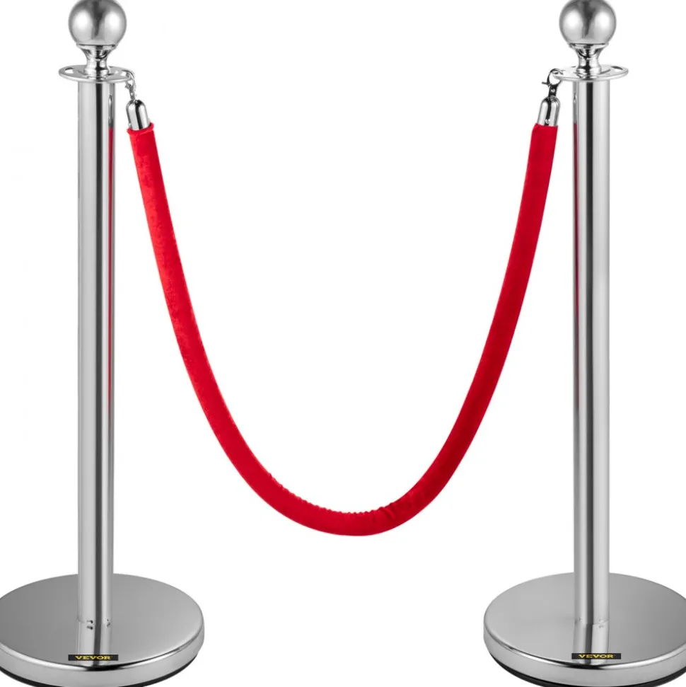 VEVOR Crowd Control Stanchion, Set of 8 Pieces Silver Stanchion Set, Stanchion Set with 5 ft/1.5 m Red Velvet Rope, Crowd Control Barrier with Sturdy Concrete and Metal Base