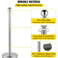 VEVOR Crowd Control Stanchion, Set of 8 Pieces Silver Stanchion Set, Stanchion Set with 5 ft/1.5 m Red Velvet Rope, Crowd Control Barrier with Sturdy Concrete and Metal Base