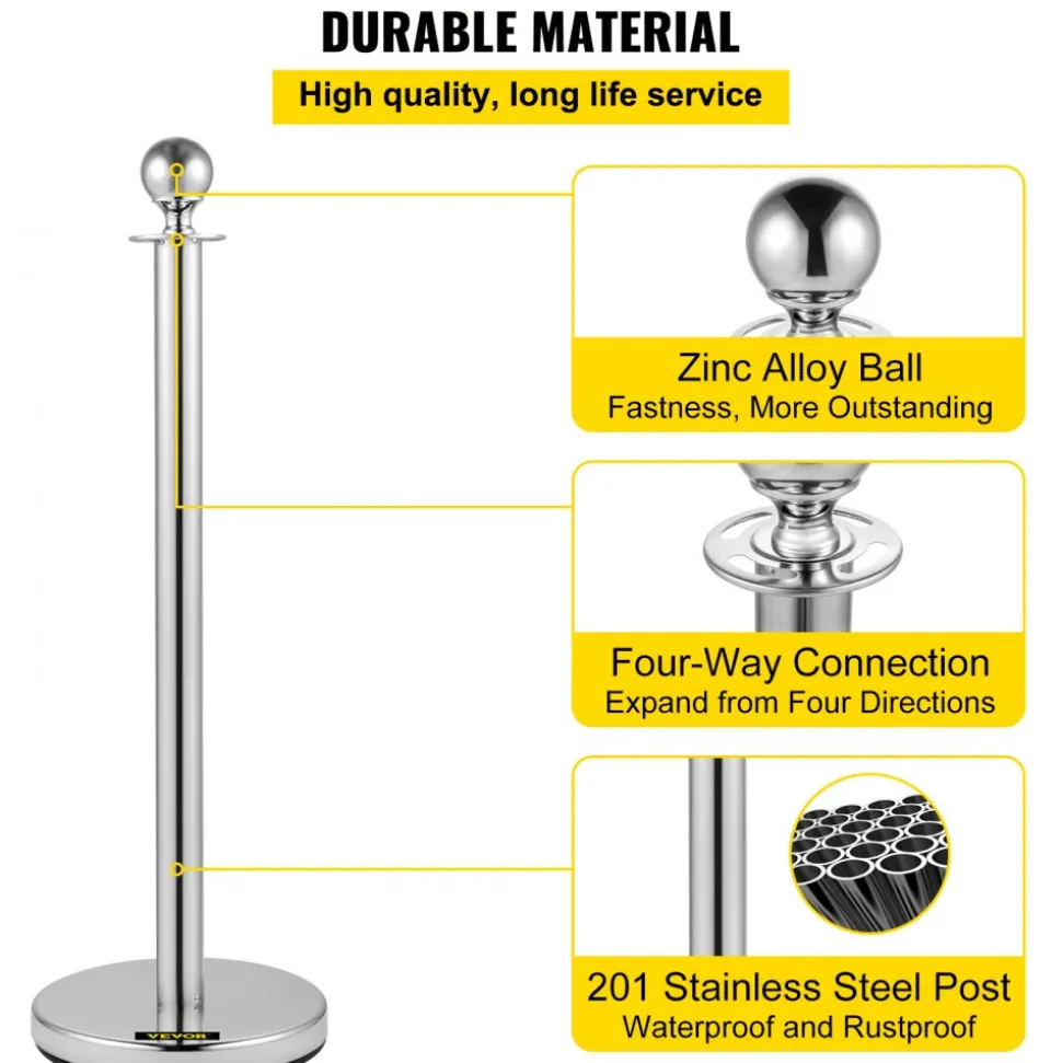 VEVOR Crowd Control Stanchion, Set of 8 Pieces Silver Stanchion Set, Stanchion Set with 5 ft/1.5 m Red Velvet Rope, Crowd Control Barrier with Sturdy Concrete and Metal Base
