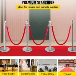 VEVOR Crowd Control Stanchion, Set of 6 Pieces Stanchion Set, Stanchion Set with 6.6 ft/2 m Red Retractable Belt, Crowd Control Barrier with Rubber Base – Easy Connect Assembly for Crowd Control (Blac