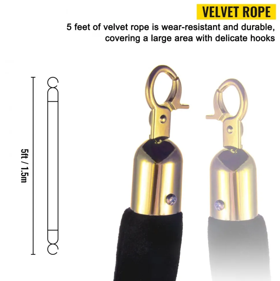 VEVOR Crowd Control Stanchion, Set of 6 Pieces Stanchion Set, Stanchion Set with 5 ft/1.5 m Black Velvet Rope, Black Crowd Control Barrier with Sturdy Concrete and Metal Base – Easy Connect Assembly