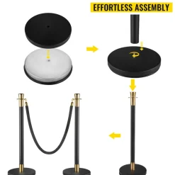 VEVOR Crowd Control Stanchion, Set of 6 Pieces Stanchion Set, Stanchion Set with 5 ft/1.5 m Black Velvet Rope, Black Crowd Control Barrier with Sturdy Concrete and Metal Base – Easy Connect Assembly