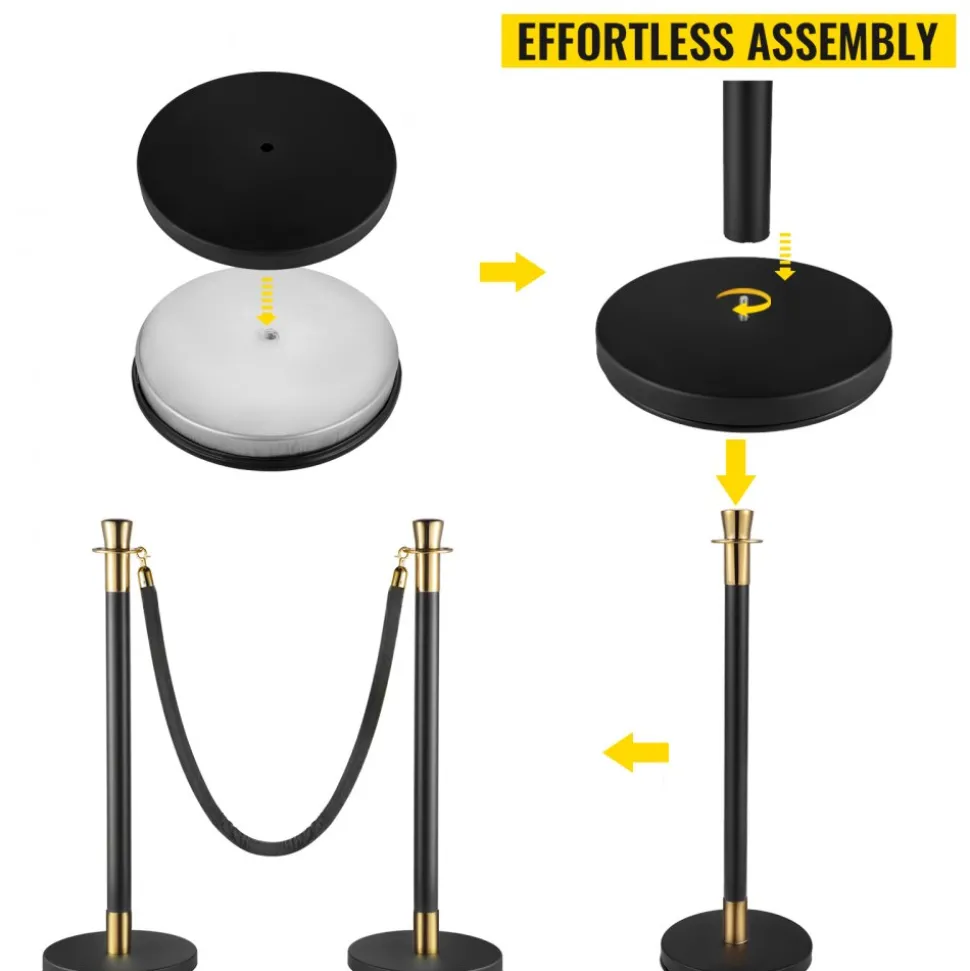 VEVOR Crowd Control Stanchion, Set of 6 Pieces Stanchion Set, Stanchion Set with 5 ft/1.5 m Black Velvet Rope, Black Crowd Control Barrier with Sturdy Concrete and Metal Base – Easy Connect Assembly
