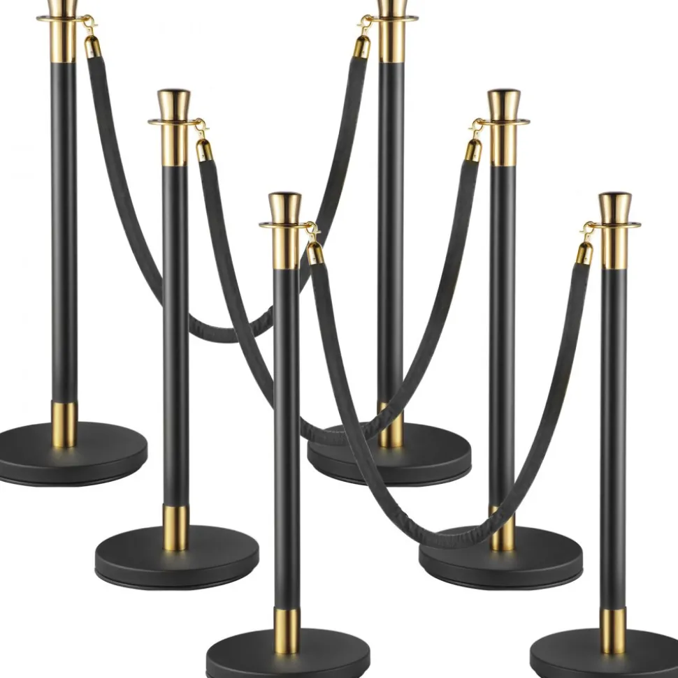 VEVOR Crowd Control Stanchion, Set of 6 Pieces Stanchion Set, Stanchion Set with 5 ft/1.5 m Black Velvet Rope, Black Crowd Control Barrier with Sturdy Concrete and Metal Base – Easy Connect Assembly