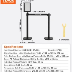 VEVOR Crowd Control Stanchions, 6-Pack Crowd Control Barriers, Carbon Steel Baking Painted Stanchion Queue Post with Sign Holder & 3PCS 6.5FT Retractable Belt, Belt Barrier Line Divider, Easy Assembly