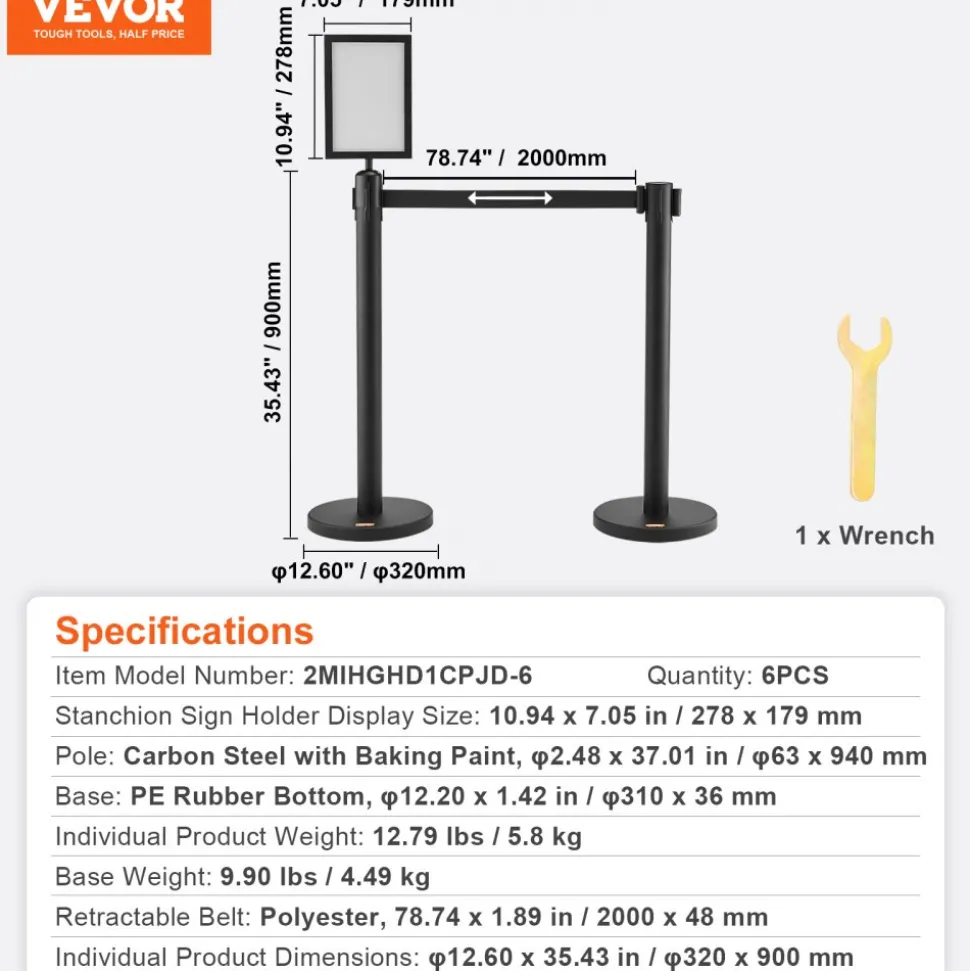 VEVOR Crowd Control Stanchions, 6-Pack Crowd Control Barriers, Carbon Steel Baking Painted Stanchion Queue Post with Sign Holder & 3PCS 6.5FT Retractable Belt, Belt Barrier Line Divider, Easy Assembly
