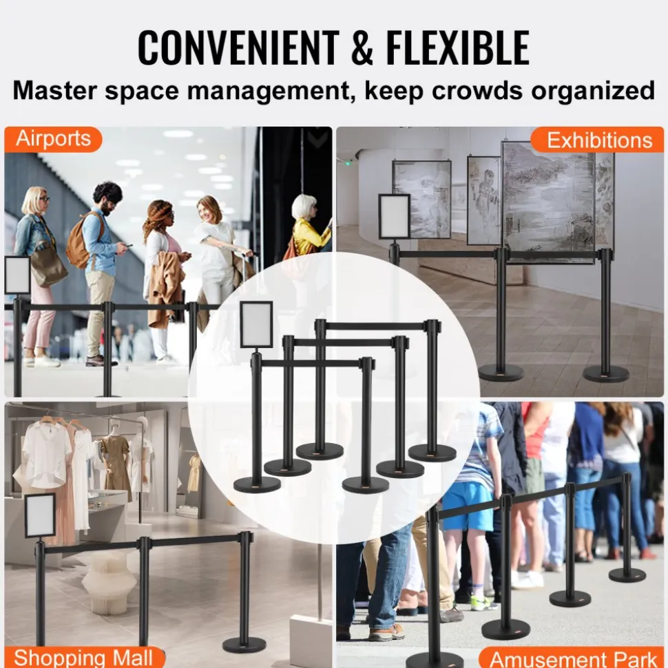 VEVOR Crowd Control Stanchions, 6-Pack Crowd Control Barriers, Carbon Steel Baking Painted Stanchion Queue Post with Sign Holder & 3PCS 6.5FT Retractable Belt, Belt Barrier Line Divider, Easy Assembly