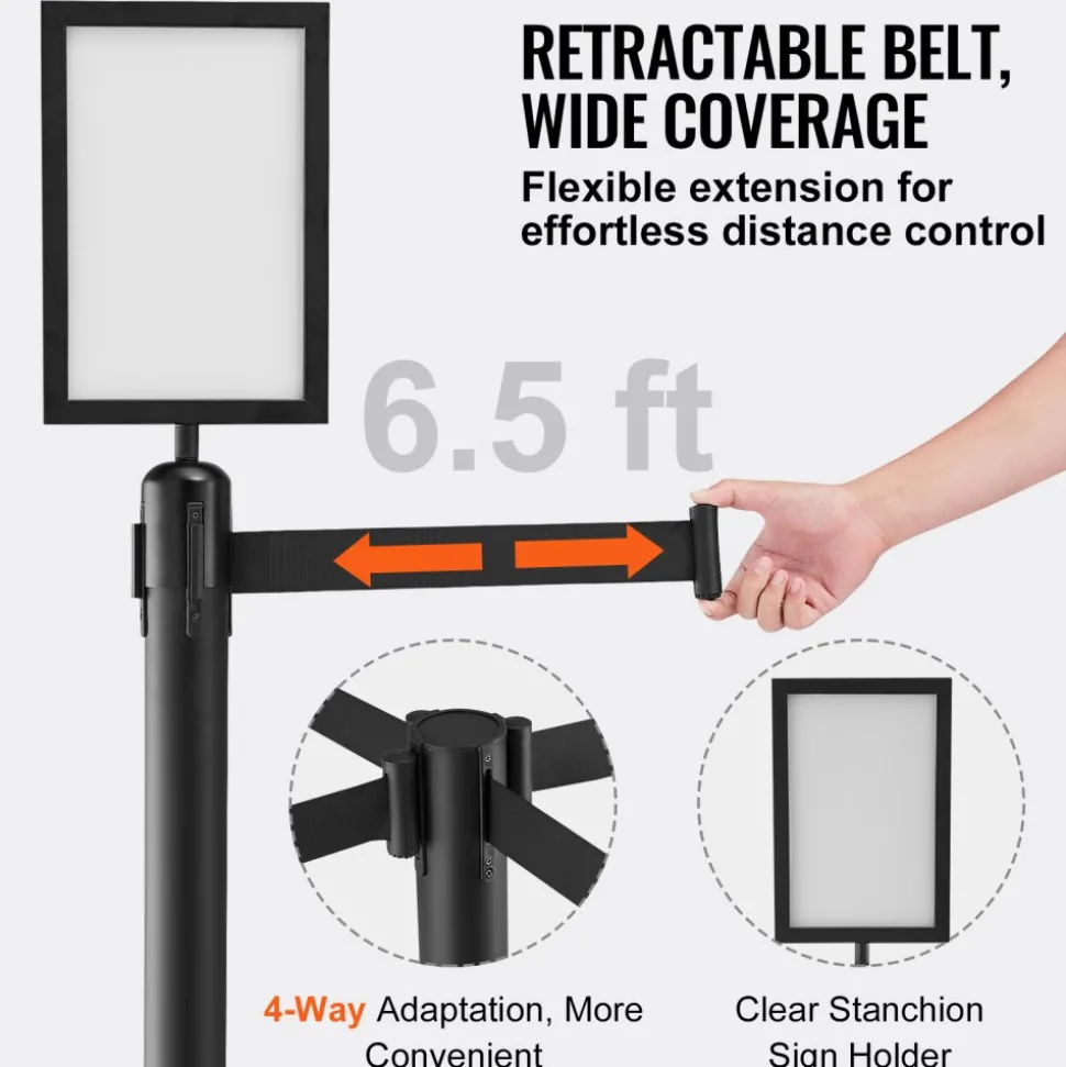 VEVOR Crowd Control Stanchions, 6-Pack Crowd Control Barriers, Carbon Steel Baking Painted Stanchion Queue Post with Sign Holder & 3PCS 6.5FT Retractable Belt, Belt Barrier Line Divider, Easy Assembly