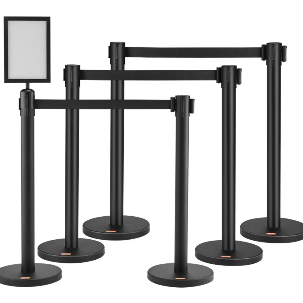 VEVOR Crowd Control Stanchions, 6-Pack Crowd Control Barriers, Carbon Steel Baking Painted Stanchion Queue Post with Sign Holder & 3PCS 6.5FT Retractable Belt, Belt Barrier Line Divider, Easy Assembly