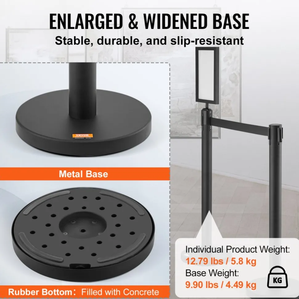 VEVOR Crowd Control Stanchions, 6-Pack Crowd Control Barriers, Carbon Steel Baking Painted Stanchion Queue Post with Sign Holder & 3PCS 6.5FT Retractable Belt, Belt Barrier Line Divider, Easy Assembly