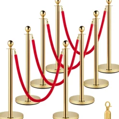 VEVOR Crowd Control Stanchion, Set of 8 Pieces Stanchion Set, Stanchion Set with 5 ft/1.5 m Red Velvet Rope, Gold Crowd Control Barrier with Sturdy Concrete and Metal Base – Easy Connect Assembly