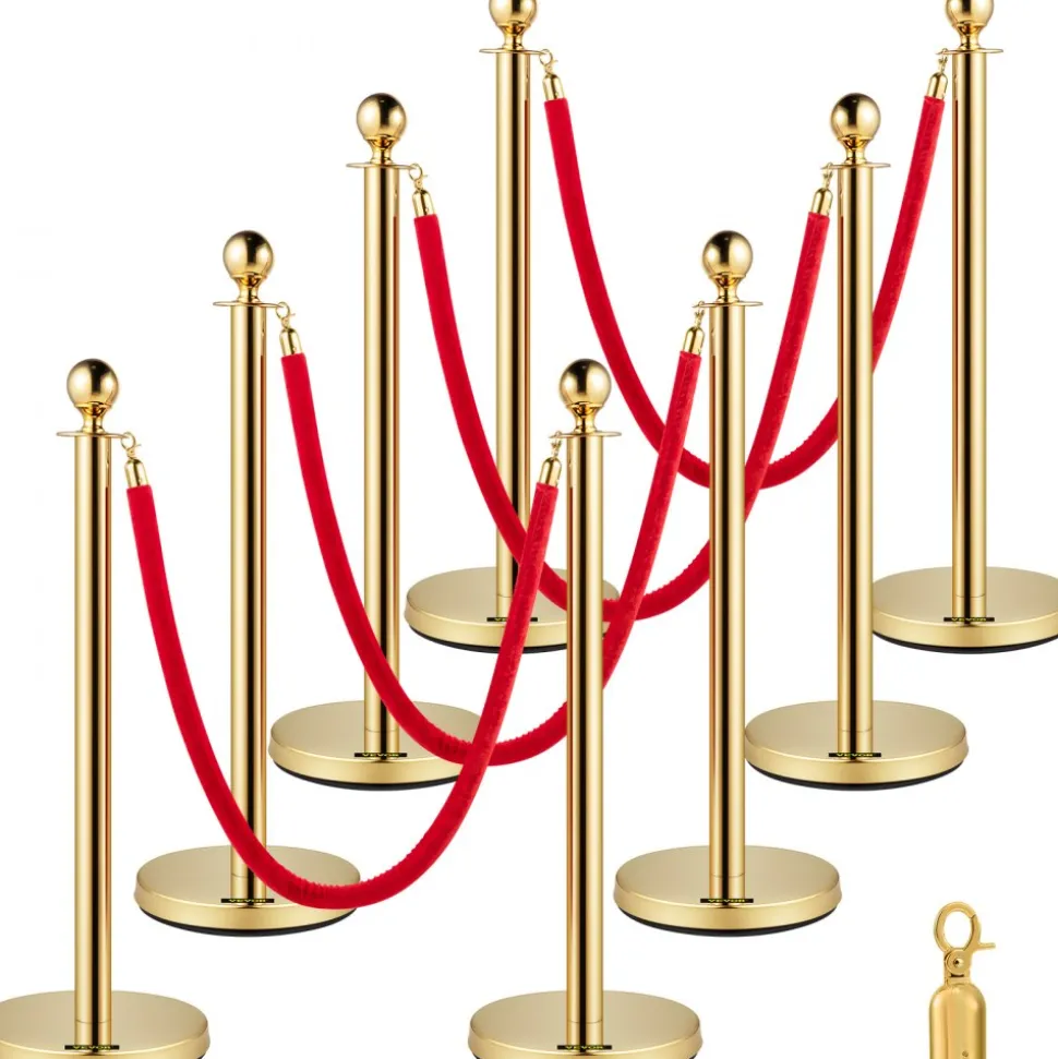 VEVOR Crowd Control Stanchion, Set of 8 Pieces Stanchion Set, Stanchion Set with 5 ft/1.5 m Red Velvet Rope, Gold Crowd Control Barrier with Sturdy Concrete and Metal Base – Easy Connect Assembly