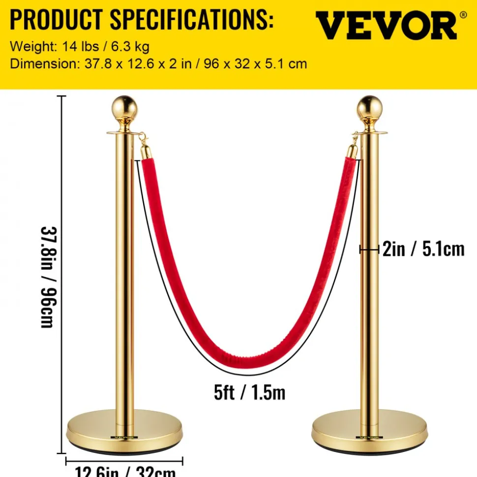 VEVOR Crowd Control Stanchion, Set of 8 Pieces Stanchion Set, Stanchion Set with 5 ft/1.5 m Red Velvet Rope, Gold Crowd Control Barrier with Sturdy Concrete and Metal Base – Easy Connect Assembly