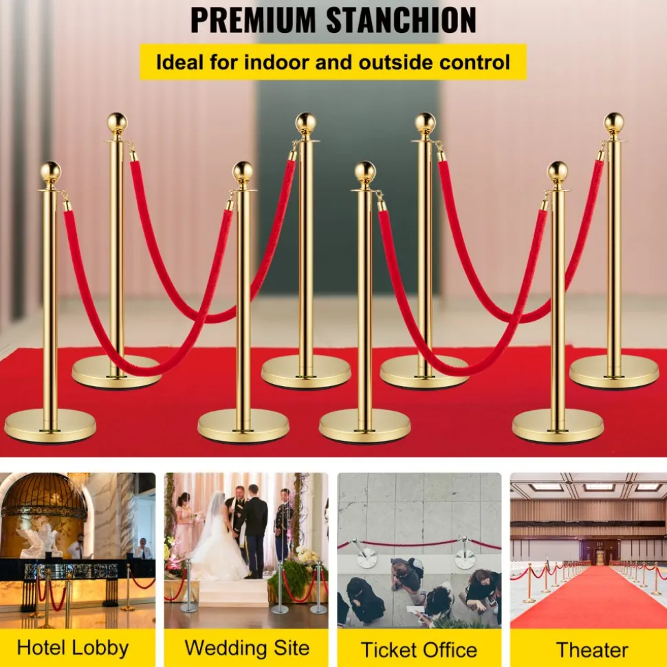 VEVOR Crowd Control Stanchion, Set of 8 Pieces Stanchion Set, Stanchion Set with 5 ft/1.5 m Red Velvet Rope, Gold Crowd Control Barrier with Sturdy Concrete and Metal Base – Easy Connect Assembly