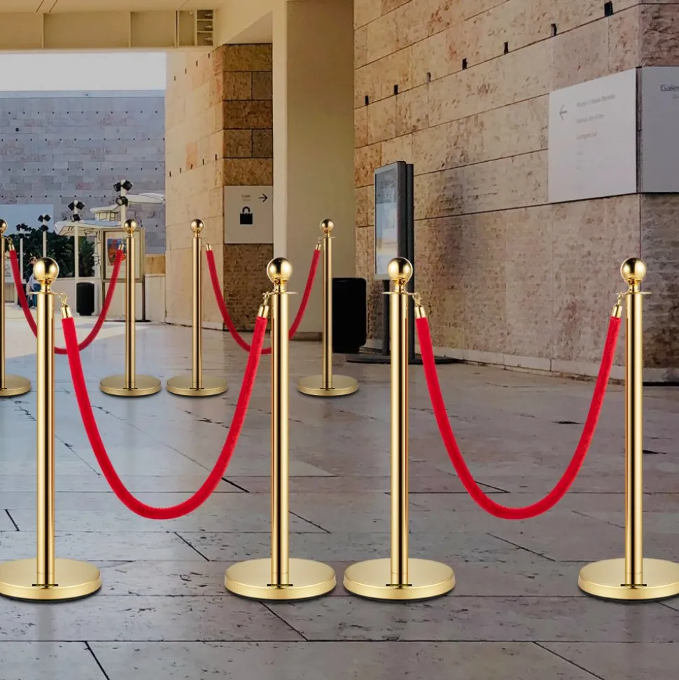 VEVOR Crowd Control Stanchion, Set of 8 Pieces Stanchion Set, Stanchion Set with 5 ft/1.5 m Red Velvet Rope, Gold Crowd Control Barrier with Sturdy Concrete and Metal Base – Easy Connect Assembly