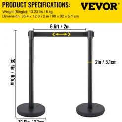 VEVOR Crowd Control Stanchion, Set of 6 Pieces Stanchion Set, Stanchion Set with 6.6 ft/2 m Black Retractable Belt, Black Crowd Control Barrier with Concrete and Metal Base - Easy Connect Assembly