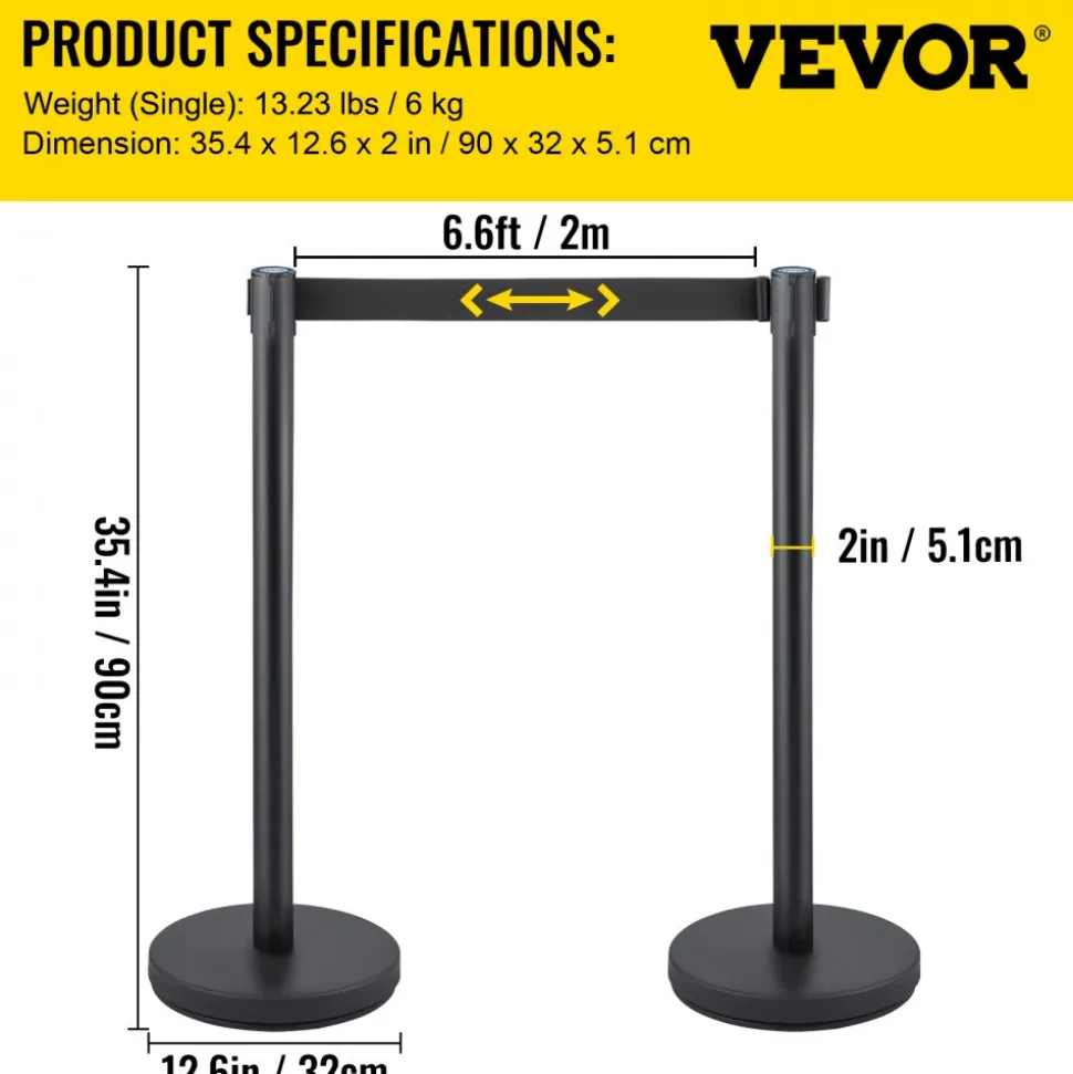 VEVOR Crowd Control Stanchion, Set of 6 Pieces Stanchion Set, Stanchion Set with 6.6 ft/2 m Black Retractable Belt, Black Crowd Control Barrier with Concrete and Metal Base - Easy Connect Assembly