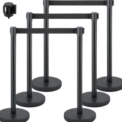 VEVOR Crowd Control Stanchion, Set of 6 Pieces Stanchion Set, Stanchion Set with 6.6 ft/2 m Black Retractable Belt, Black Crowd Control Barrier with Concrete and Metal Base - Easy Connect Assembly