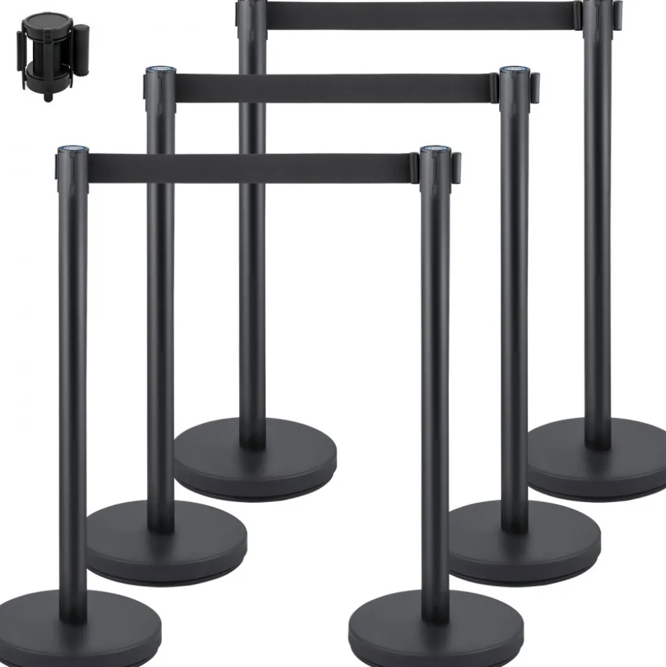 VEVOR Crowd Control Stanchion, Set of 6 Pieces Stanchion Set, Stanchion Set with 6.6 ft/2 m Black Retractable Belt, Black Crowd Control Barrier with Concrete and Metal Base - Easy Connect Assembly