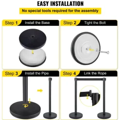 VEVOR Crowd Control Stanchion, Set of 6 Pieces Stanchion Set, Stanchion Set with 6.6 ft/2 m Black Retractable Belt, Black Crowd Control Barrier with Concrete and Metal Base - Easy Connect Assembly