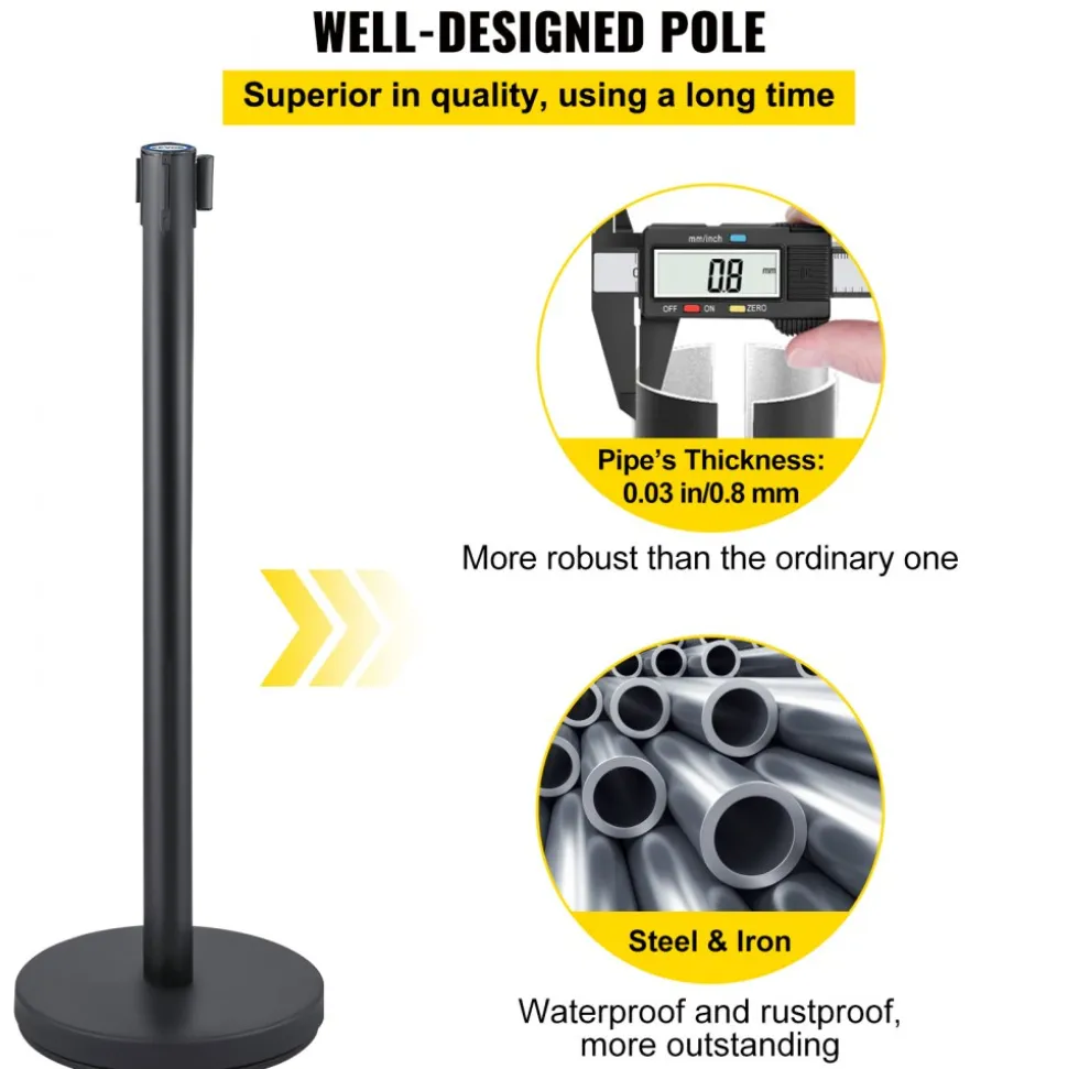 VEVOR Crowd Control Stanchion, Set of 6 Pieces Stanchion Set, Stanchion Set with 6.6 ft/2 m Black Retractable Belt, Black Crowd Control Barrier with Concrete and Metal Base - Easy Connect Assembly