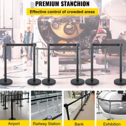 VEVOR Crowd Control Stanchion, Set of 6 Pieces Stanchion Set, Stanchion Set with 6.6 ft/2 m Black Retractable Belt, Black Crowd Control Barrier with Concrete and Metal Base - Easy Connect Assembly