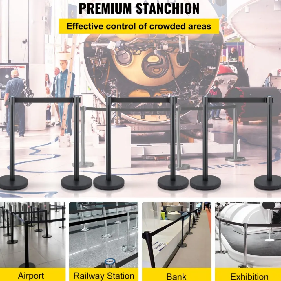 VEVOR Crowd Control Stanchion, Set of 6 Pieces Stanchion Set, Stanchion Set with 6.6 ft/2 m Black Retractable Belt, Black Crowd Control Barrier with Concrete and Metal Base - Easy Connect Assembly